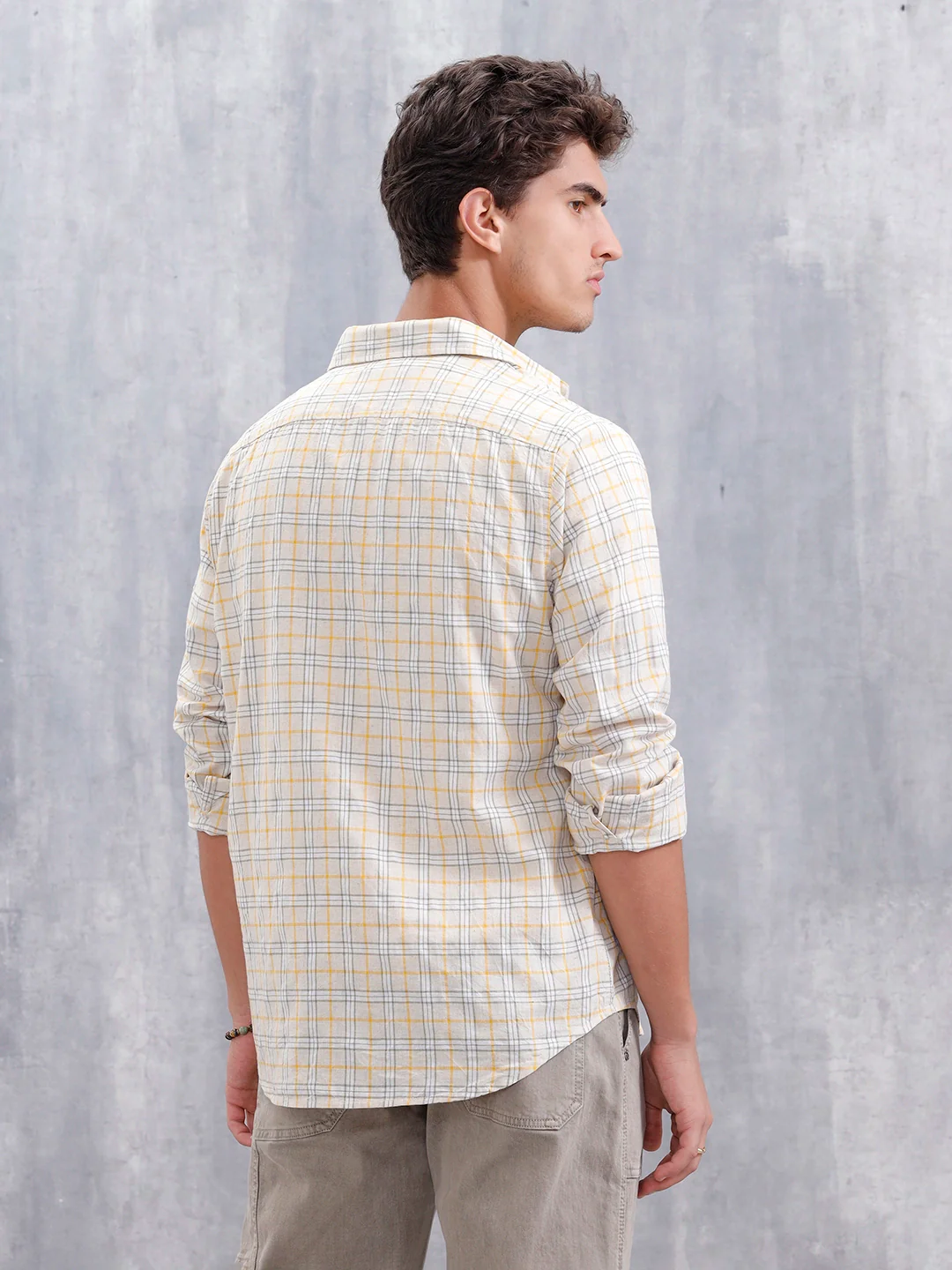 Men Checkered Pattern Slim Fit Shirt | Beige - Image 3