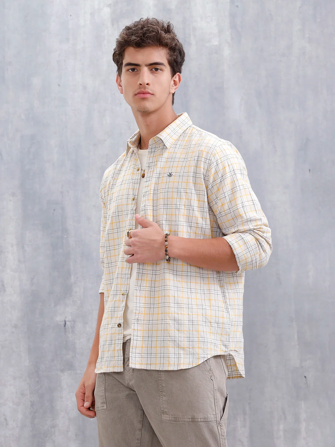 Men Checkered Pattern Slim Fit Shirt | Beige - Image 4