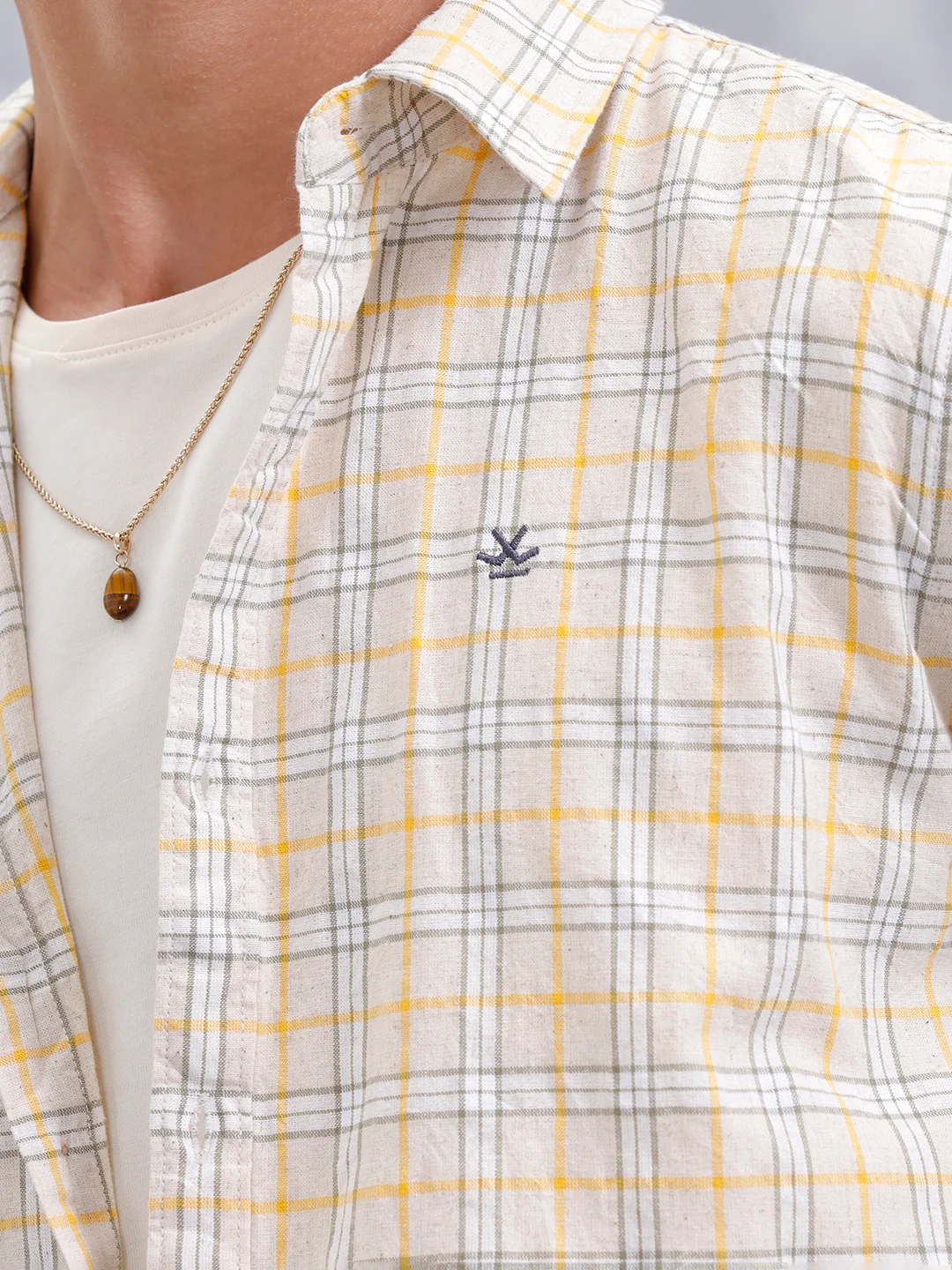 Men Checkered Pattern Slim Fit Shirt | Beige - Image 5