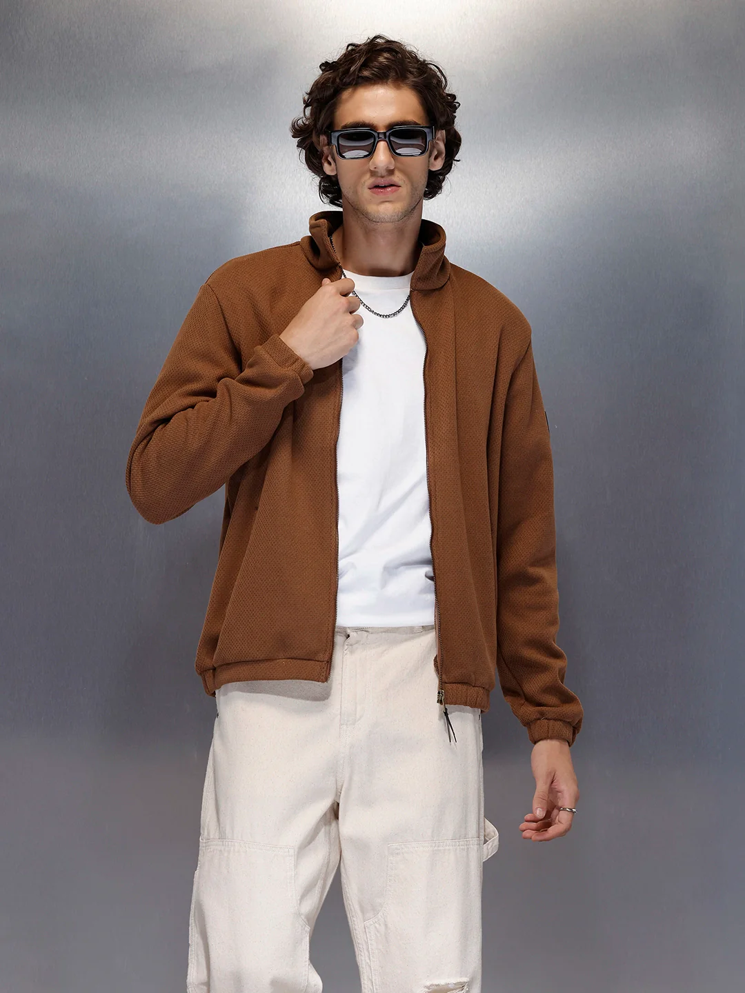 Men’s brown textured zip-up jacket | Brown