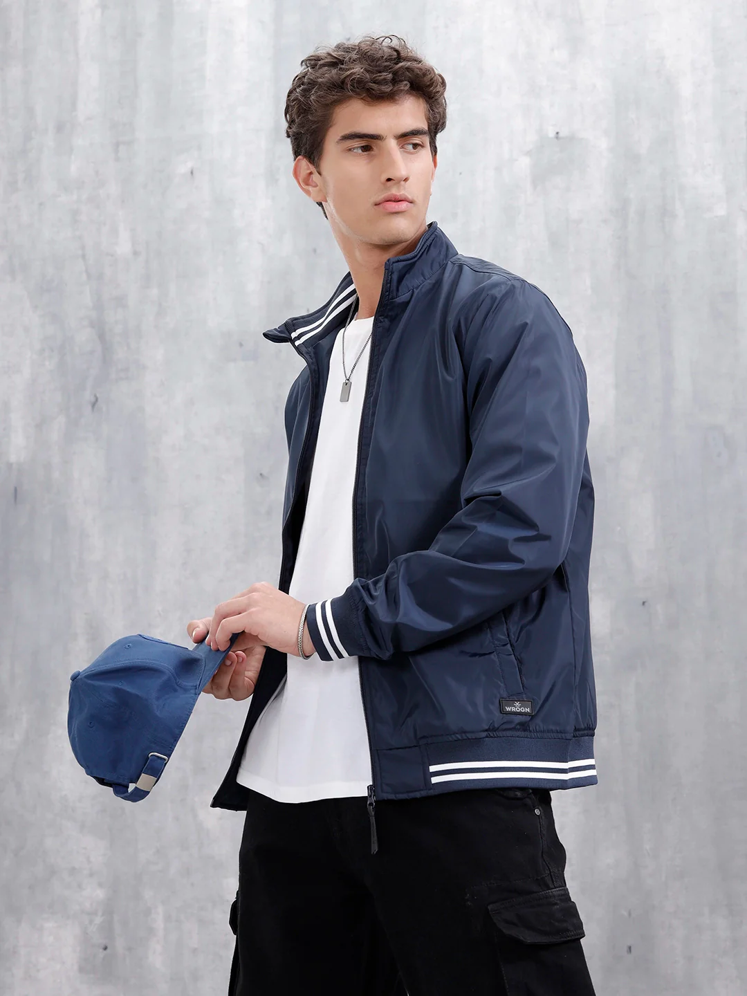 Men's Casual Zip-Up Jacket With Contrast Trim  | Navy Blue