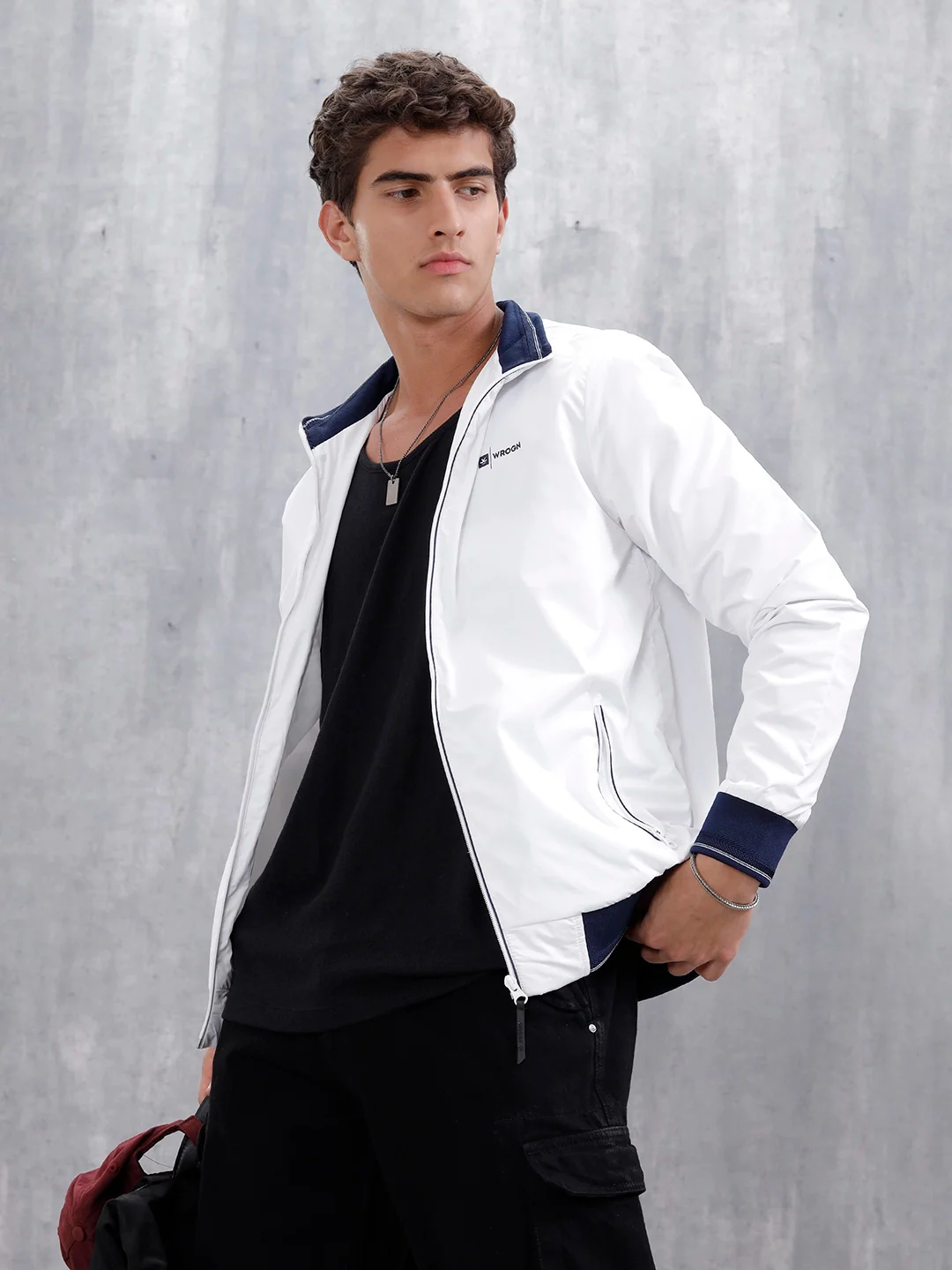 Men's Casual Zip-Up Jacket With Contrast Trim | White