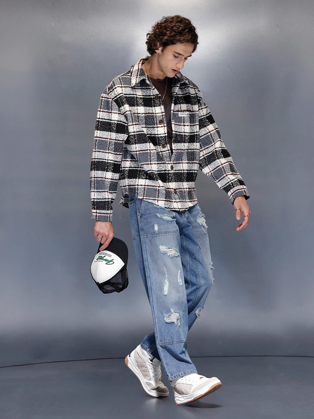 Men’s monochrome Oversize bold check shacket | Grey