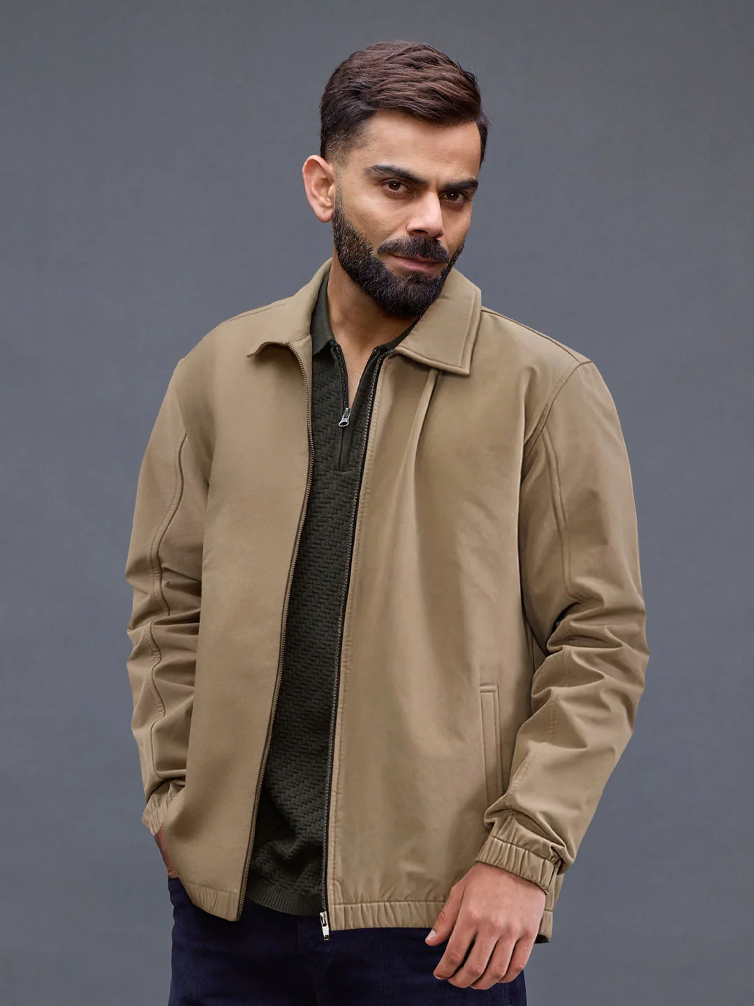 Men's Neutral-Tone Casual Zip Jacket | Beige