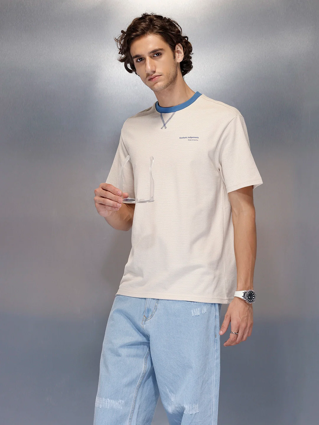 Men’s solid beige casual T-shirt with contrast crew neck | Beige