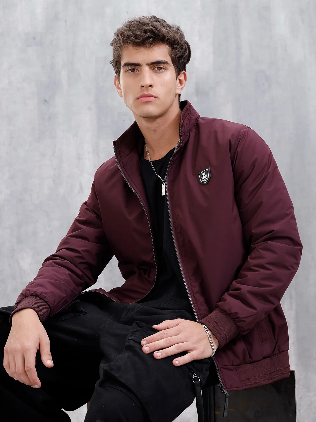Men's Solid Casual Bomber Jacket | Maroon