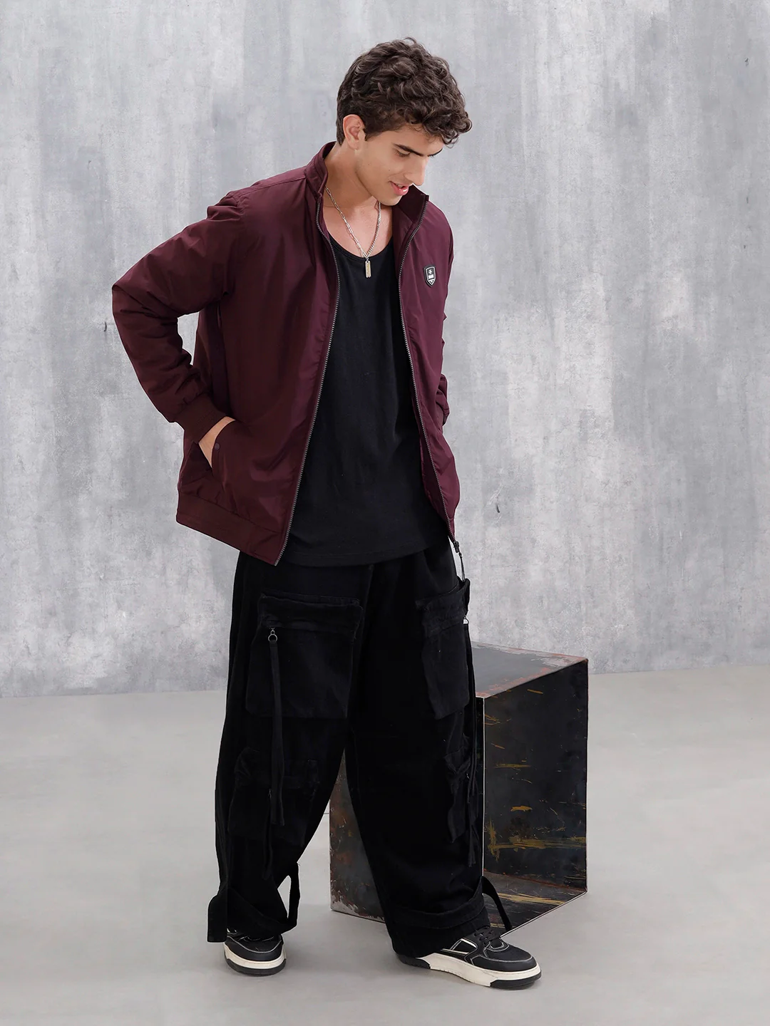 Men's Solid Casual Bomber Jacket | Maroon - Image 2