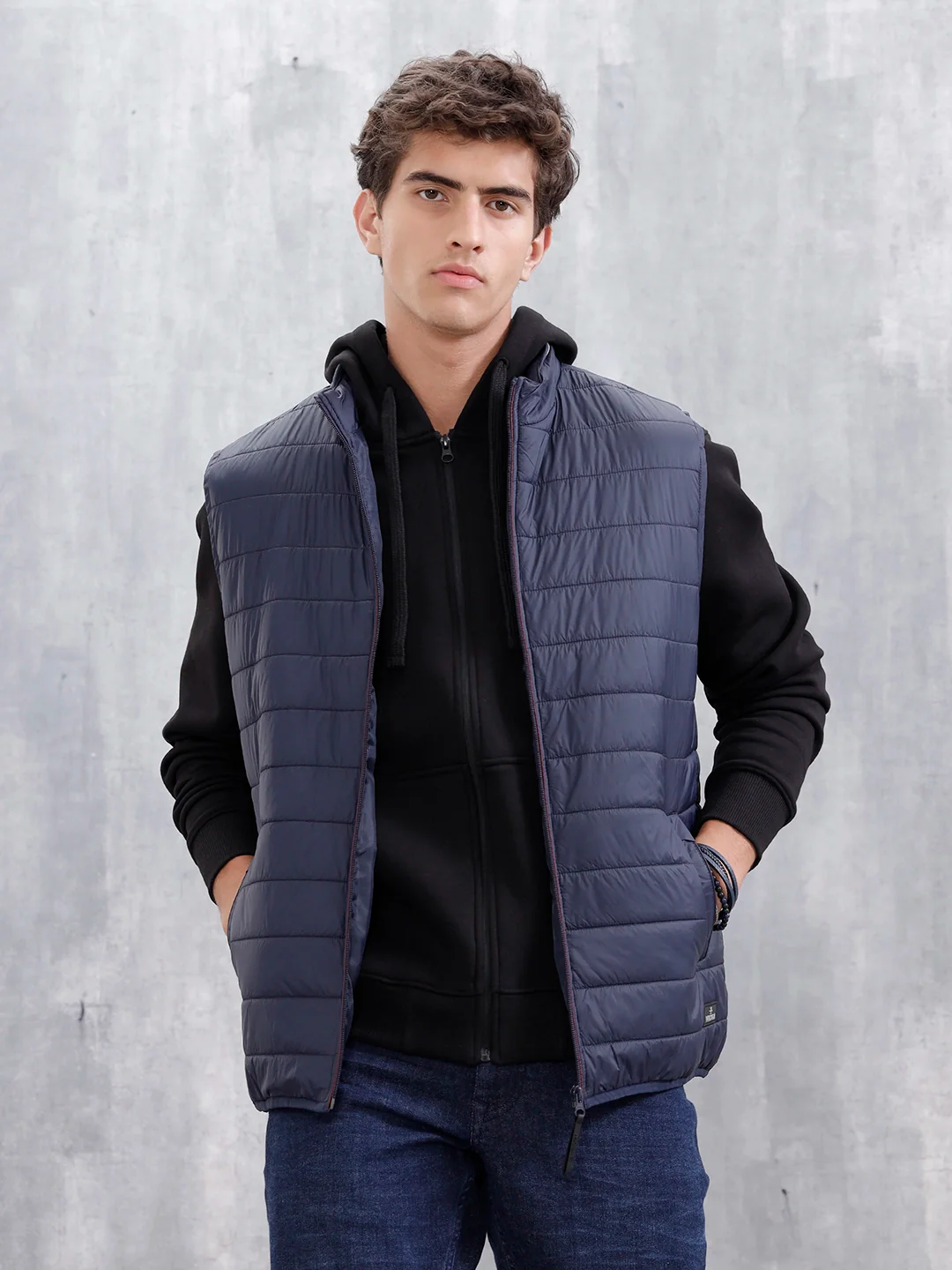 Men's Solid Casual Puffer Jacket | Navy Blue