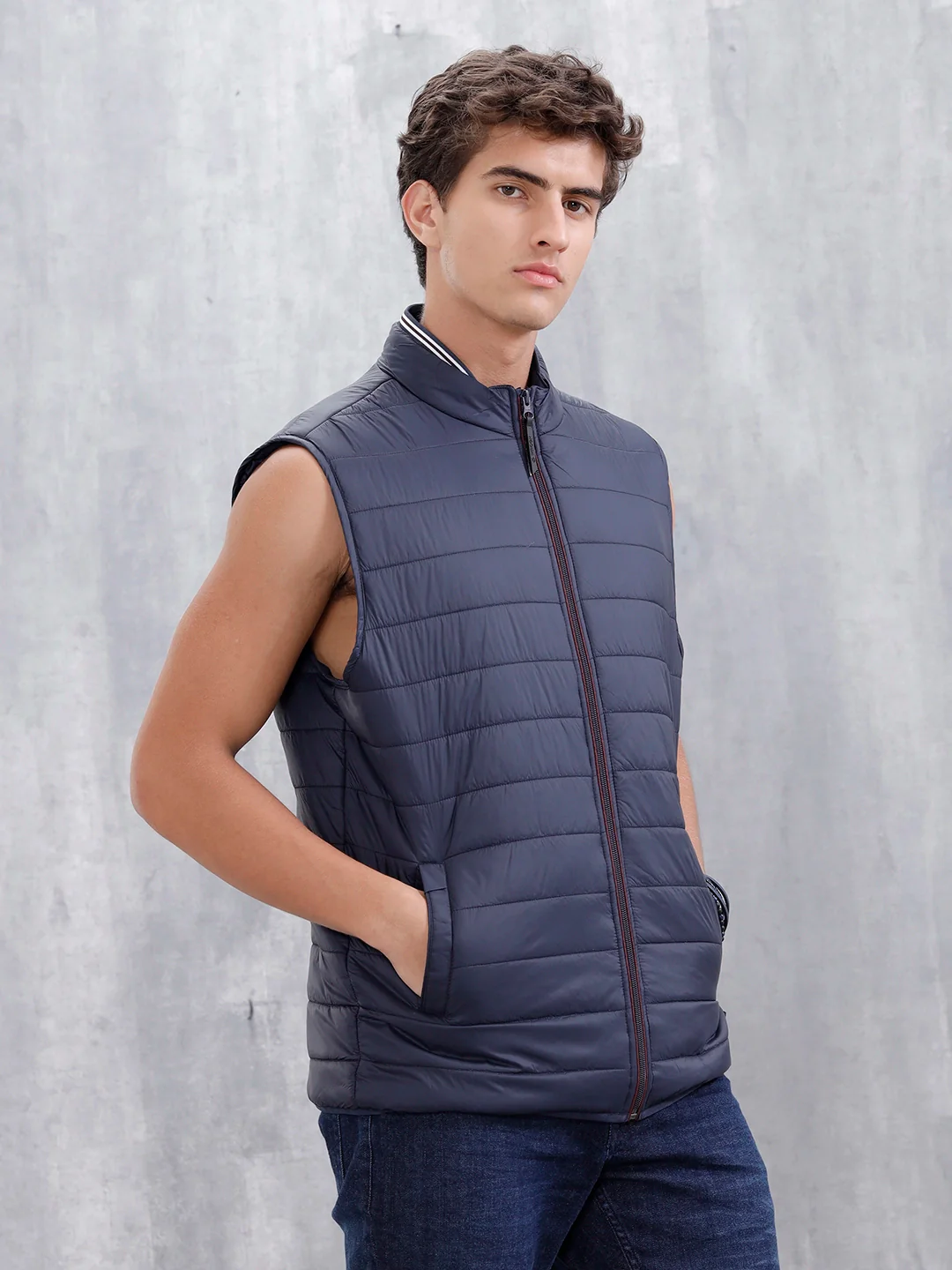 Men's Solid Casual Puffer Jacket | Navy Blue - Image 4