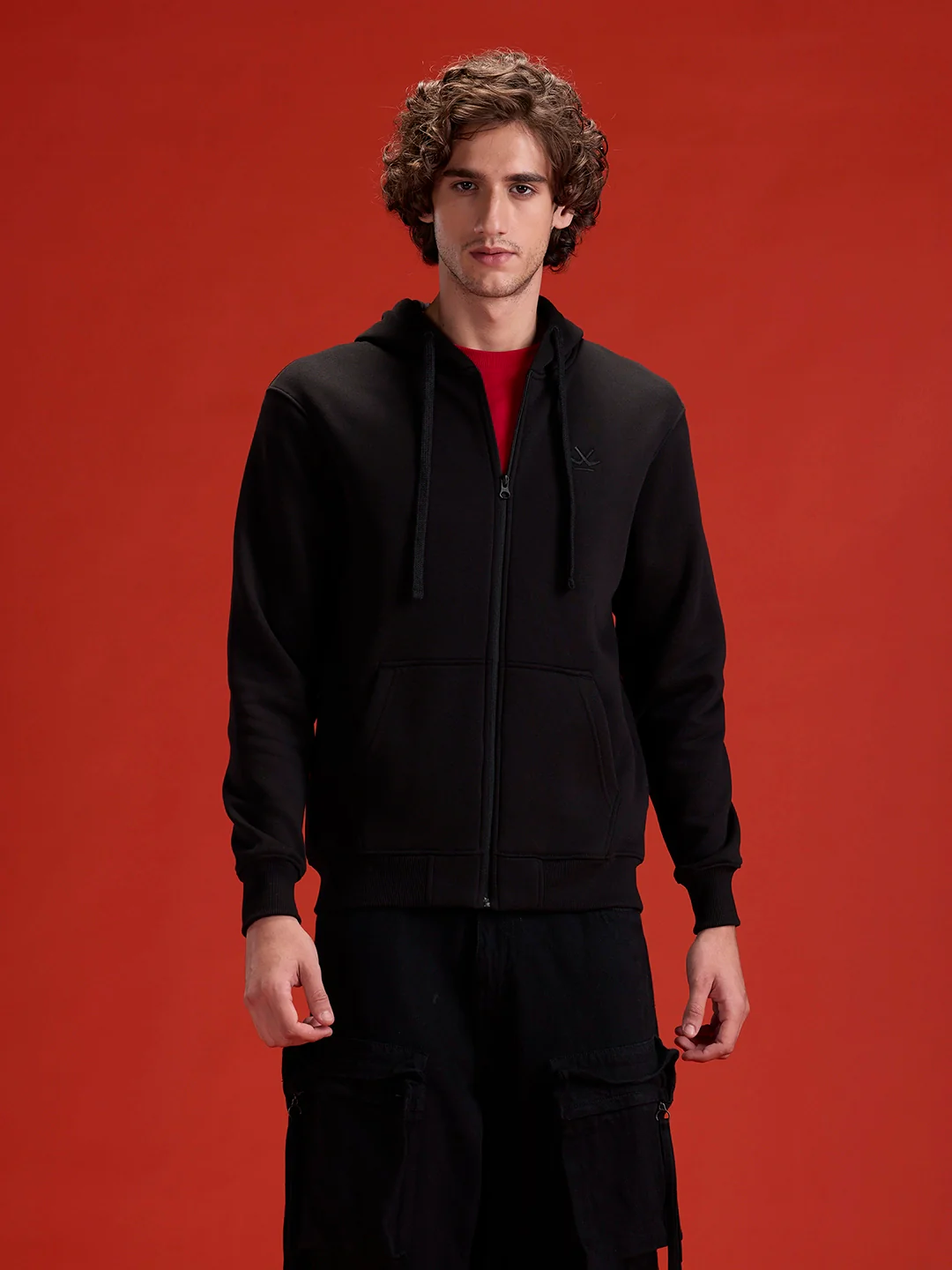 Men's Solid Zip-Up Hoodie Sweatshirt | Black - Image 8