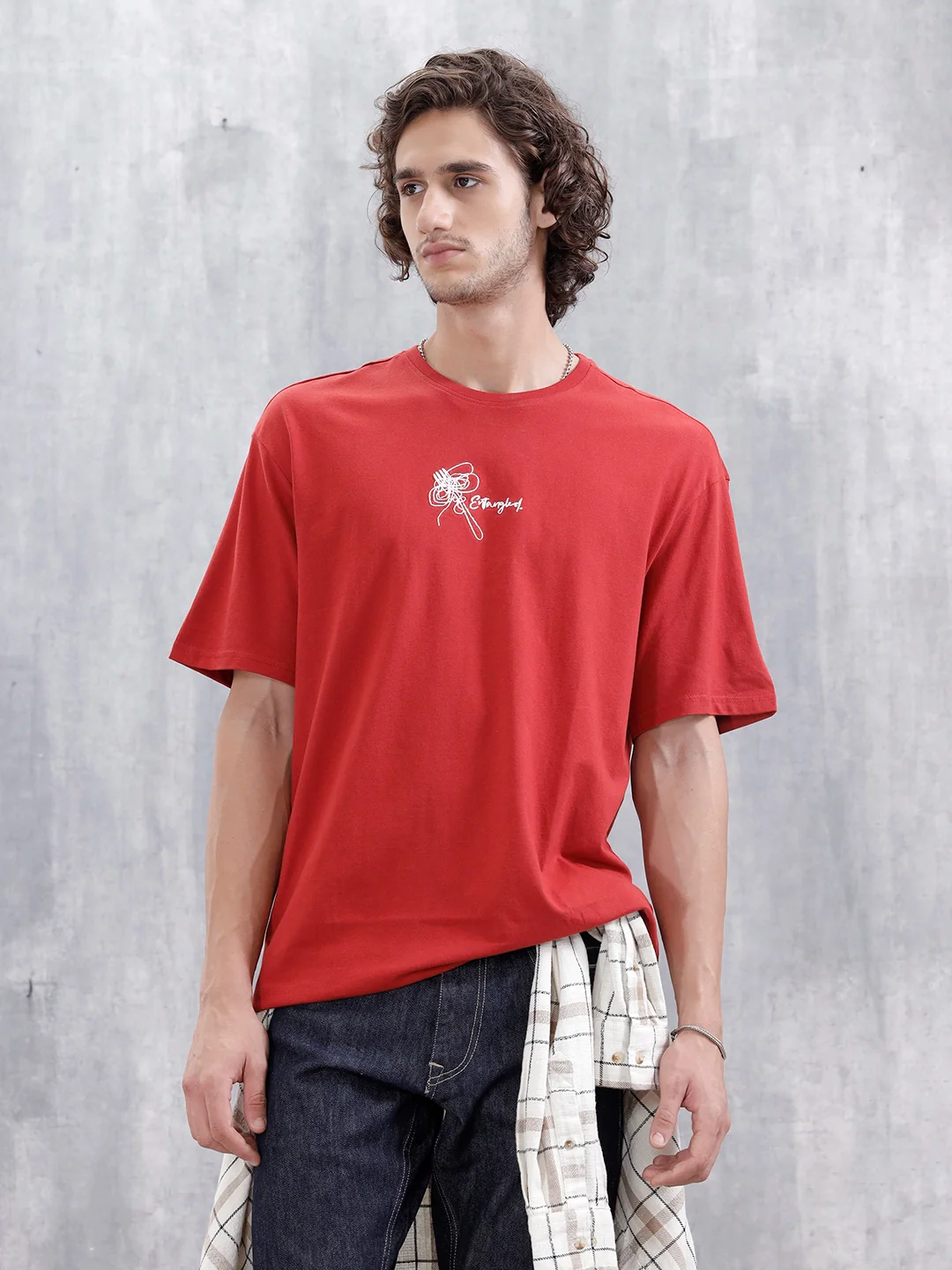 Men's Casual Emboridered Oversized Fit T-Shirt | Red