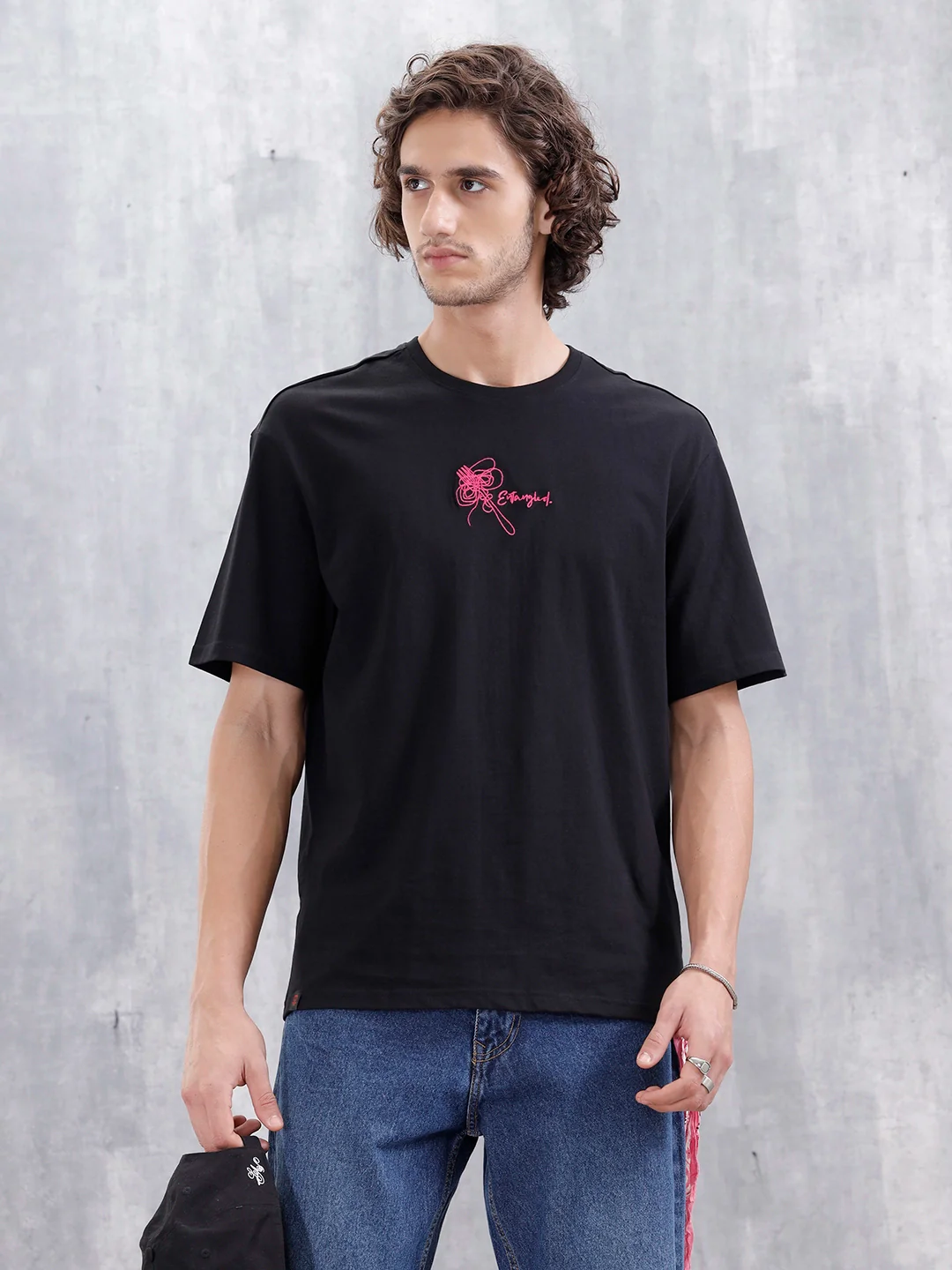 Men's Casual Embroidered Oversized Fit T-Shirt | Black