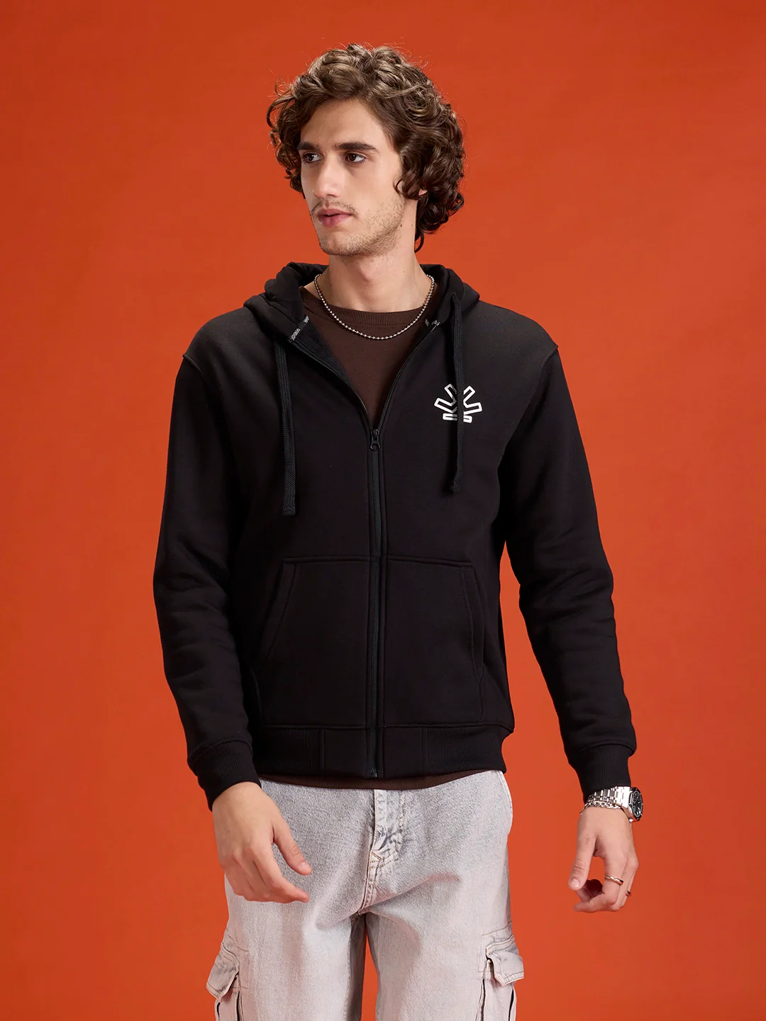 men's casual front zip up hooded sweatshirt | Black
