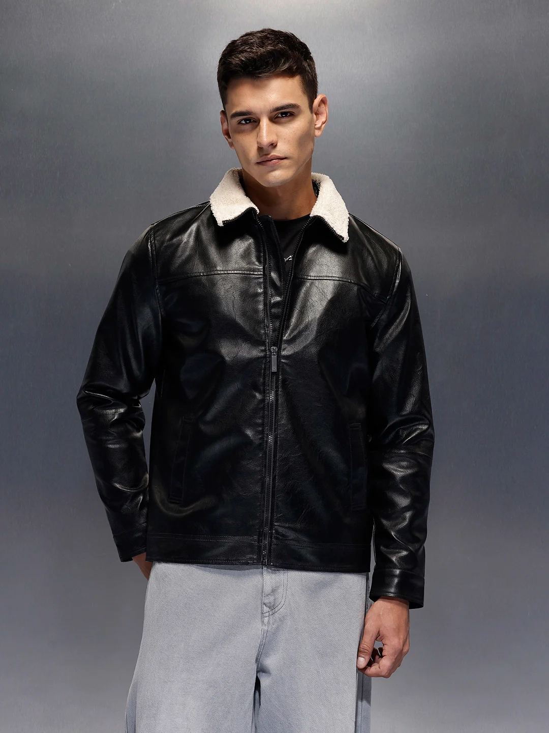 Men's casual jacket with contrast fur collar | Black