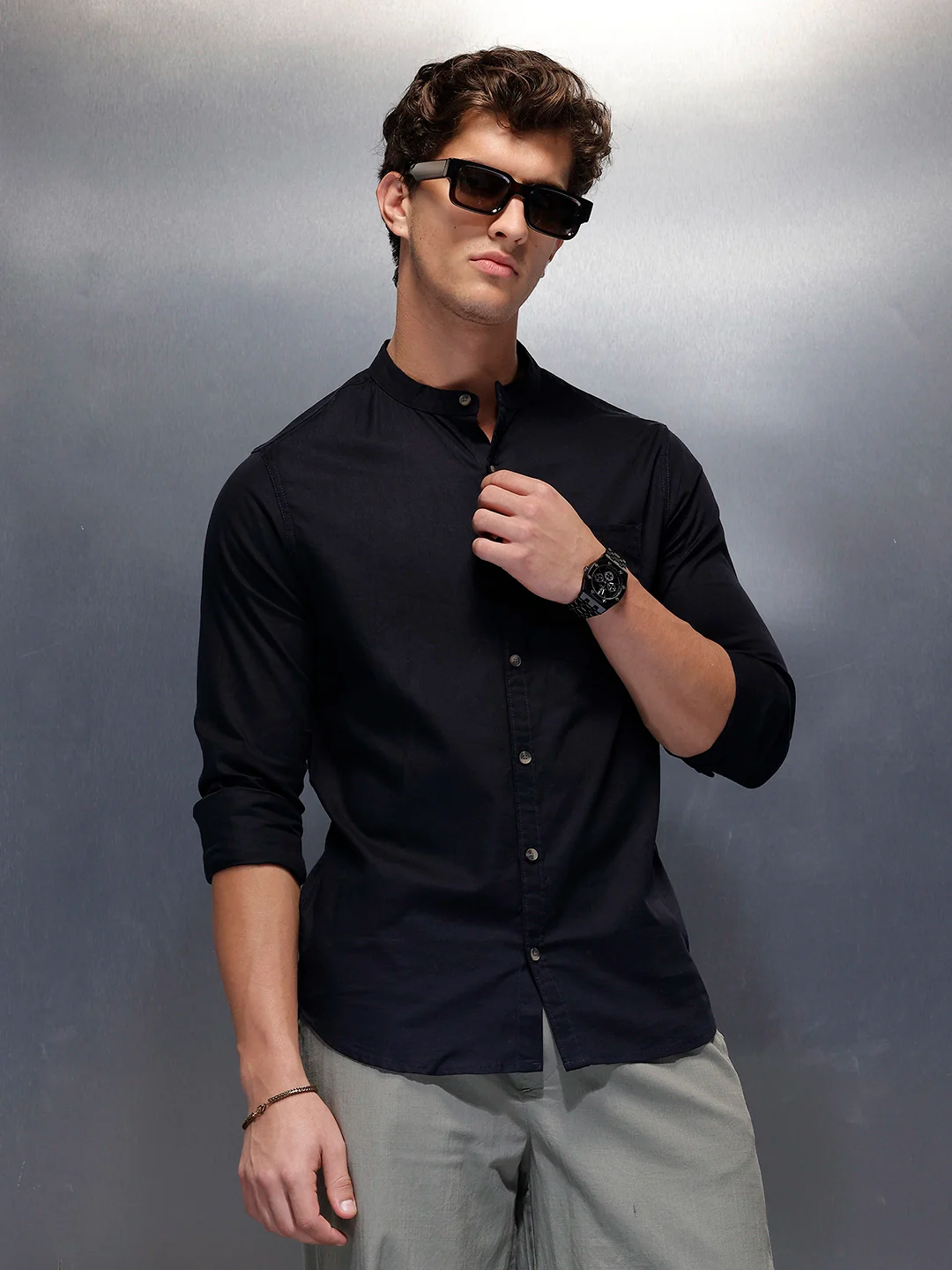 Men's Casual Mandrin Collar Shirt | Navy Blue
