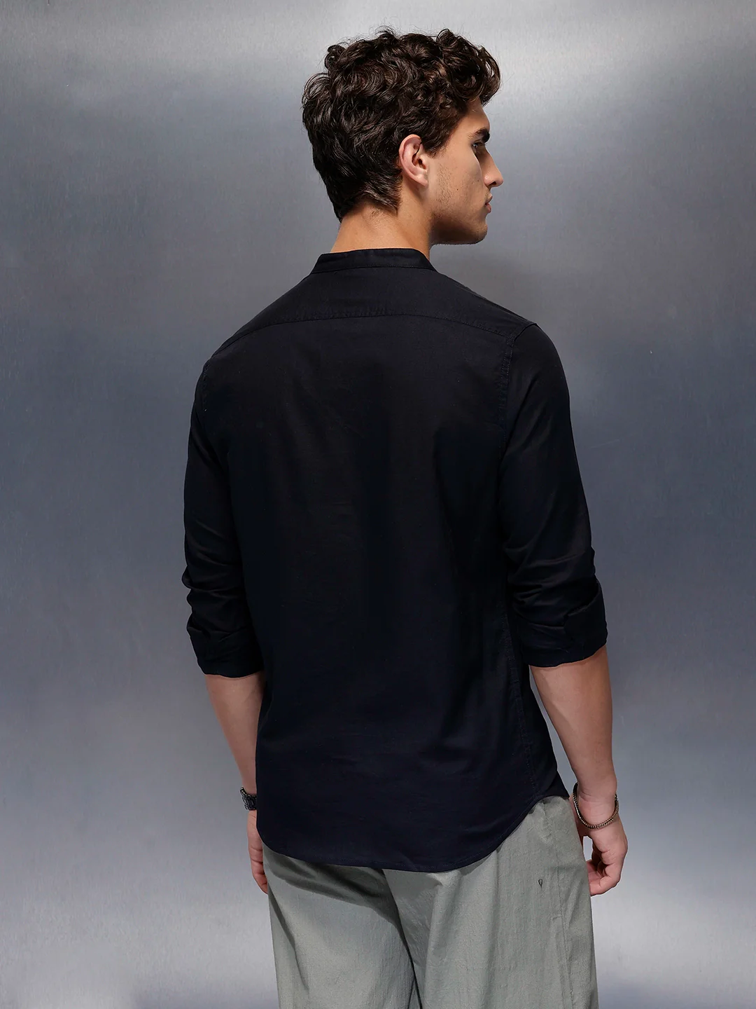Men's Casual Mandrin Collar Shirt | Navy Blue - Image 3