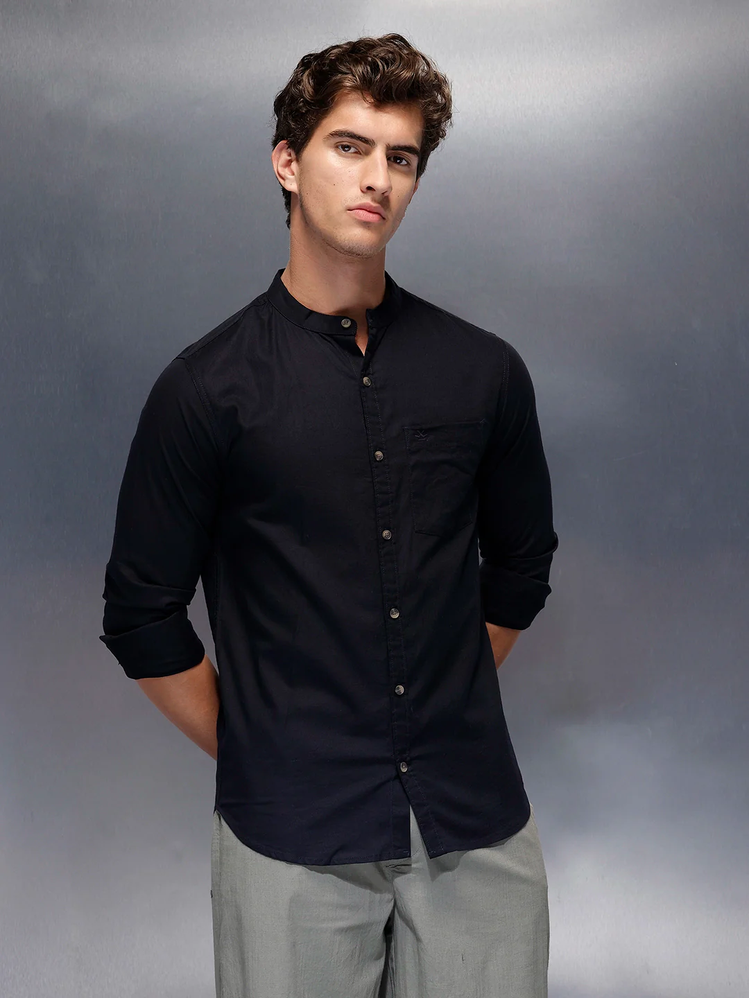 Men's Casual Mandrin Collar Shirt | Navy Blue - Image 4