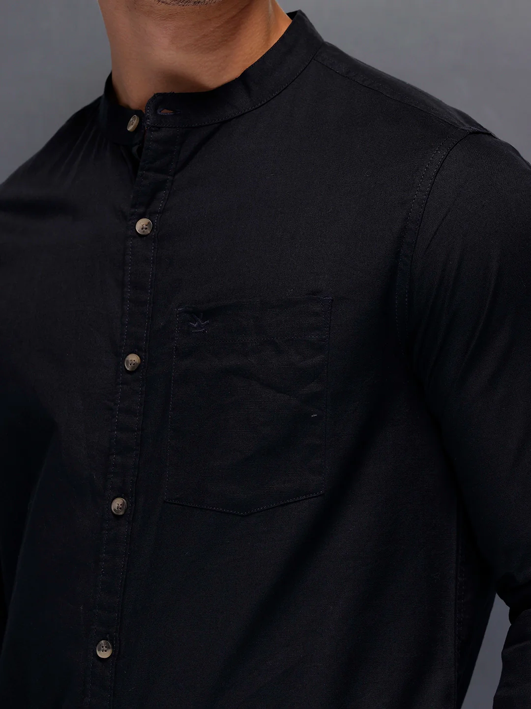 Men's Casual Mandrin Collar Shirt | Navy Blue - Image 5