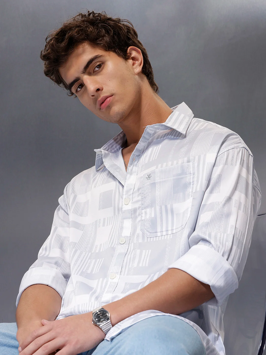 Men's Casual Oversized Abstract Printed Shirt  |  Grey