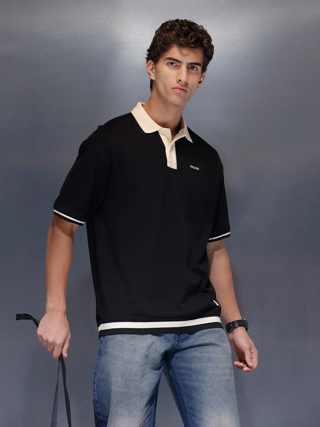 Men's Casual Oversized Contrast Detail Polo T-shirt | Black