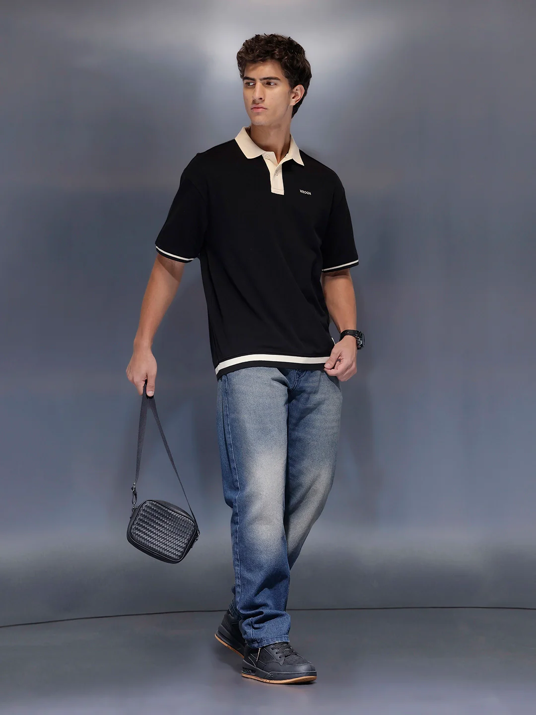 Men's Casual Oversized Contrast Detail Polo T-shirt | Black - Image 2