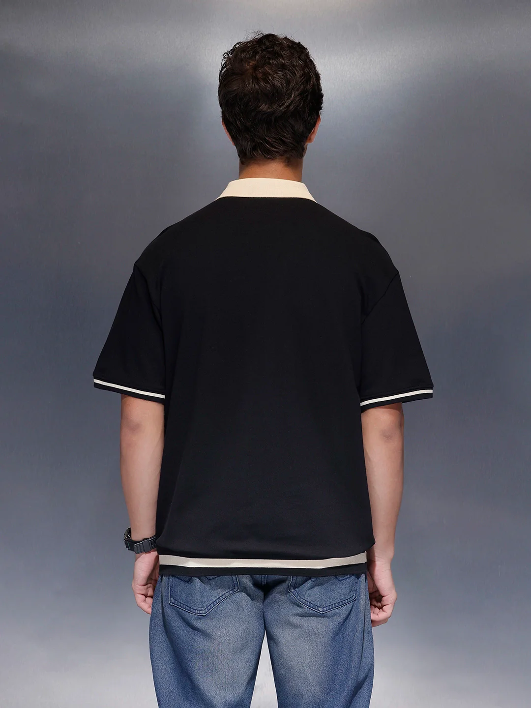 Men's Casual Oversized Contrast Detail Polo T-shirt | Black - Image 3