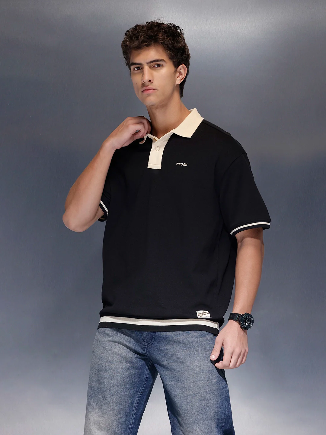 Men's Casual Oversized Contrast Detail Polo T-shirt | Black - Image 4