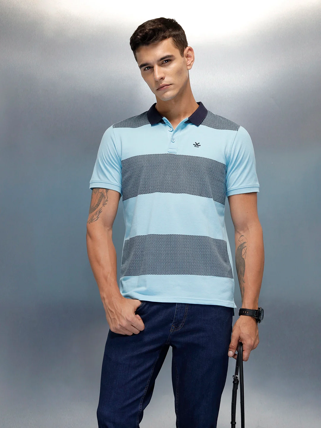 Men's Casual Regualr Fit Striped Patten Polo T-Shirt | Light Blue