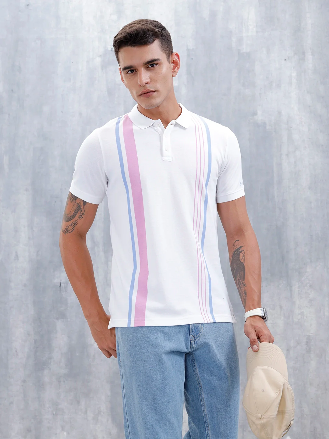 Men's Casual Regualr Fit Striped Pattern Polo T-Shirt | White