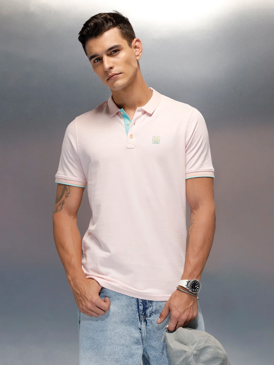 Men's casual slim fit polo t-shirt with contrast detail | Pink