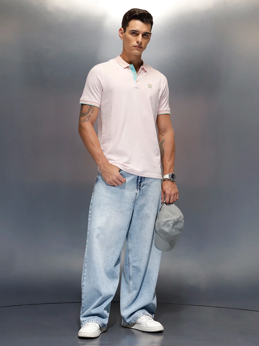 Men's casual slim fit polo t-shirt with contrast detail | Pink - Image 2