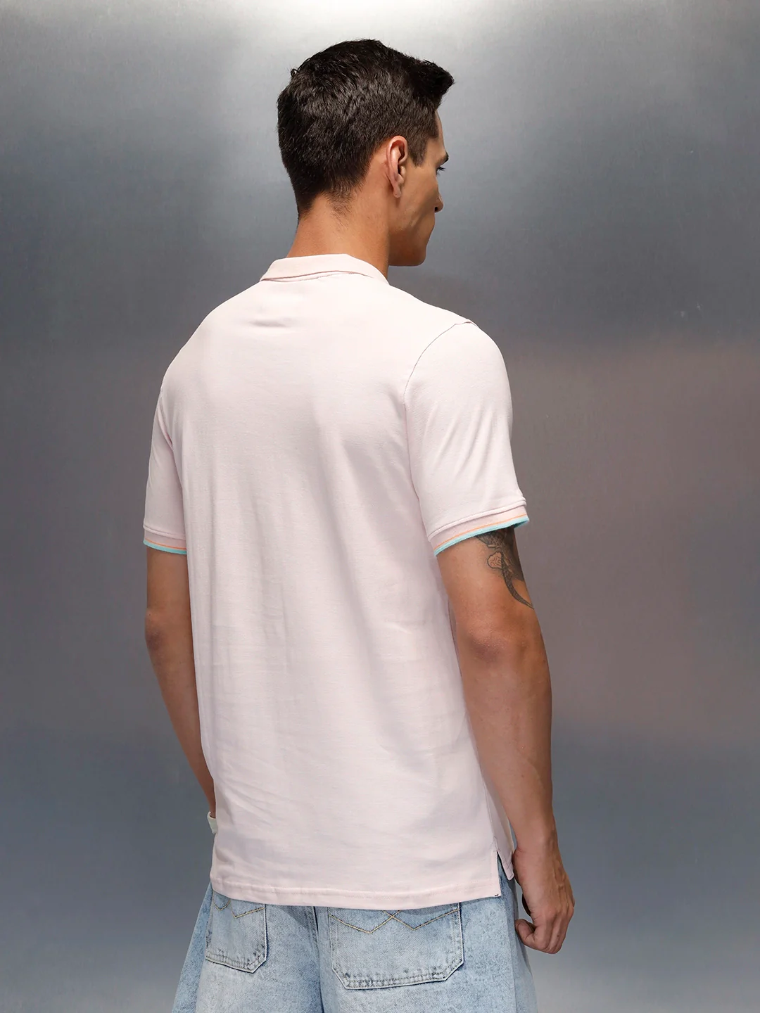 Men's casual slim fit polo t-shirt with contrast detail | Pink - Image 3