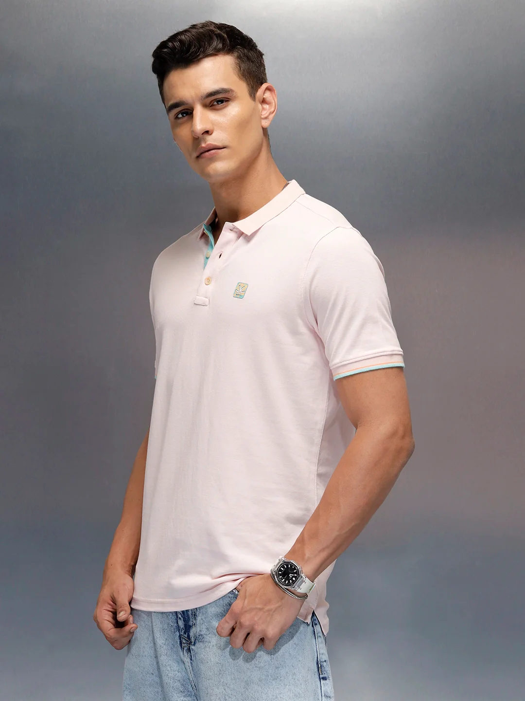 Men's casual slim fit polo t-shirt with contrast detail | Pink - Image 4