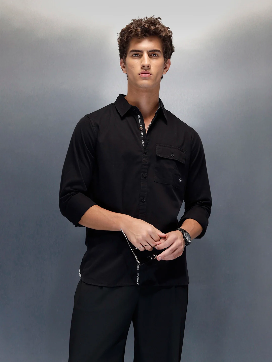 Men's casual slim fit shirt with typographic placket detail | Black
