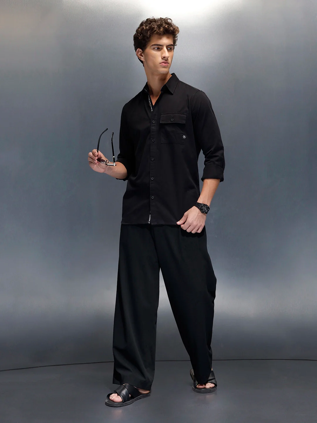 Men's casual slim fit shirt with typographic placket detail | Black - Image 2