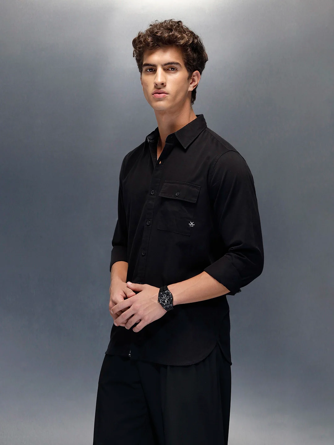Men's casual slim fit shirt with typographic placket detail | Black - Image 4