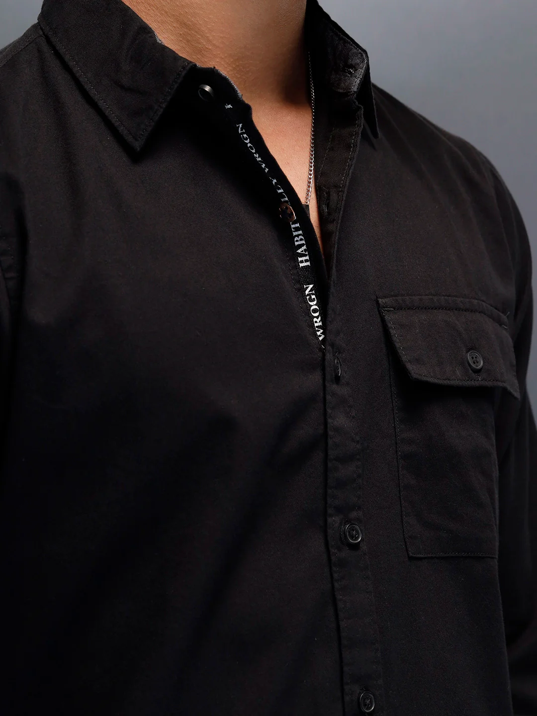 Men's casual slim fit shirt with typographic placket detail | Black - Image 5