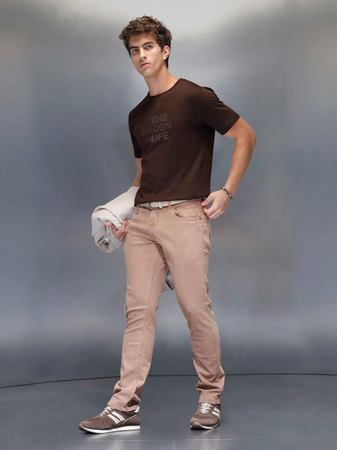 Men's Casual Slim Fit Tshirt with tonal 3D graphic print | Brown - Image 2
