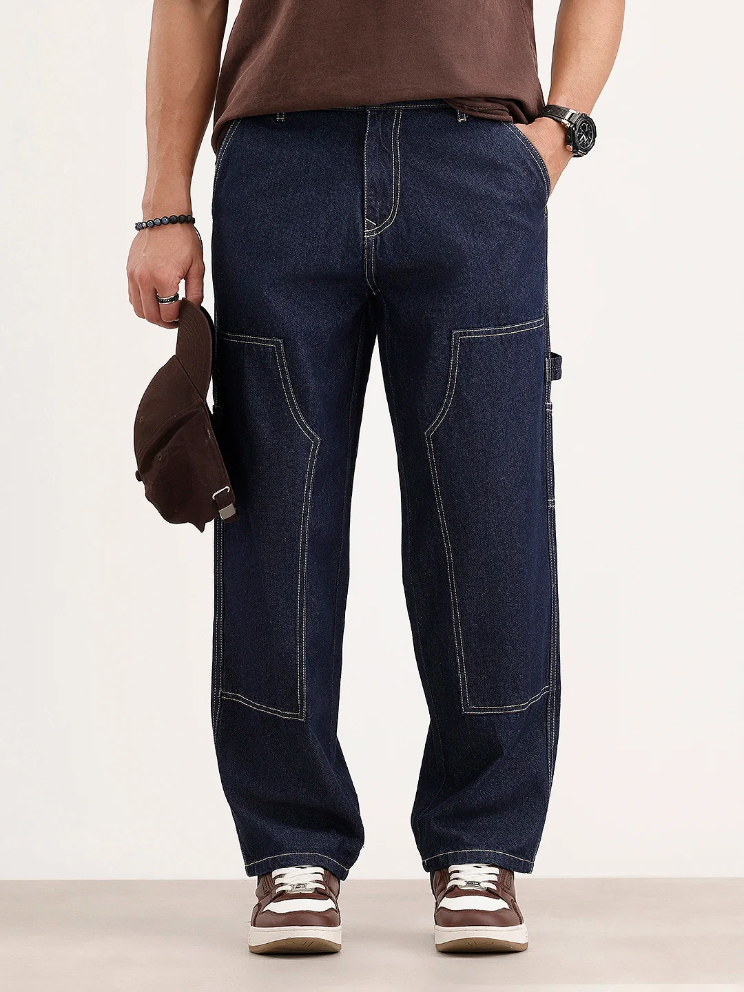 Loose Fit Cut & Sew Denim Jeans | Dark Blue