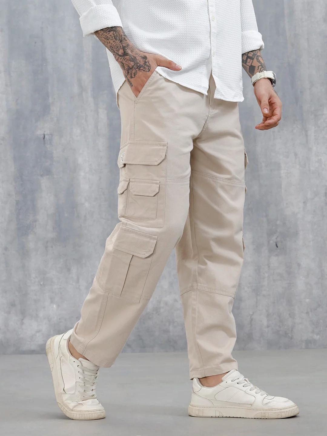 Men's Causal Relaxed Fit Utility Pockets Trousers | Cream