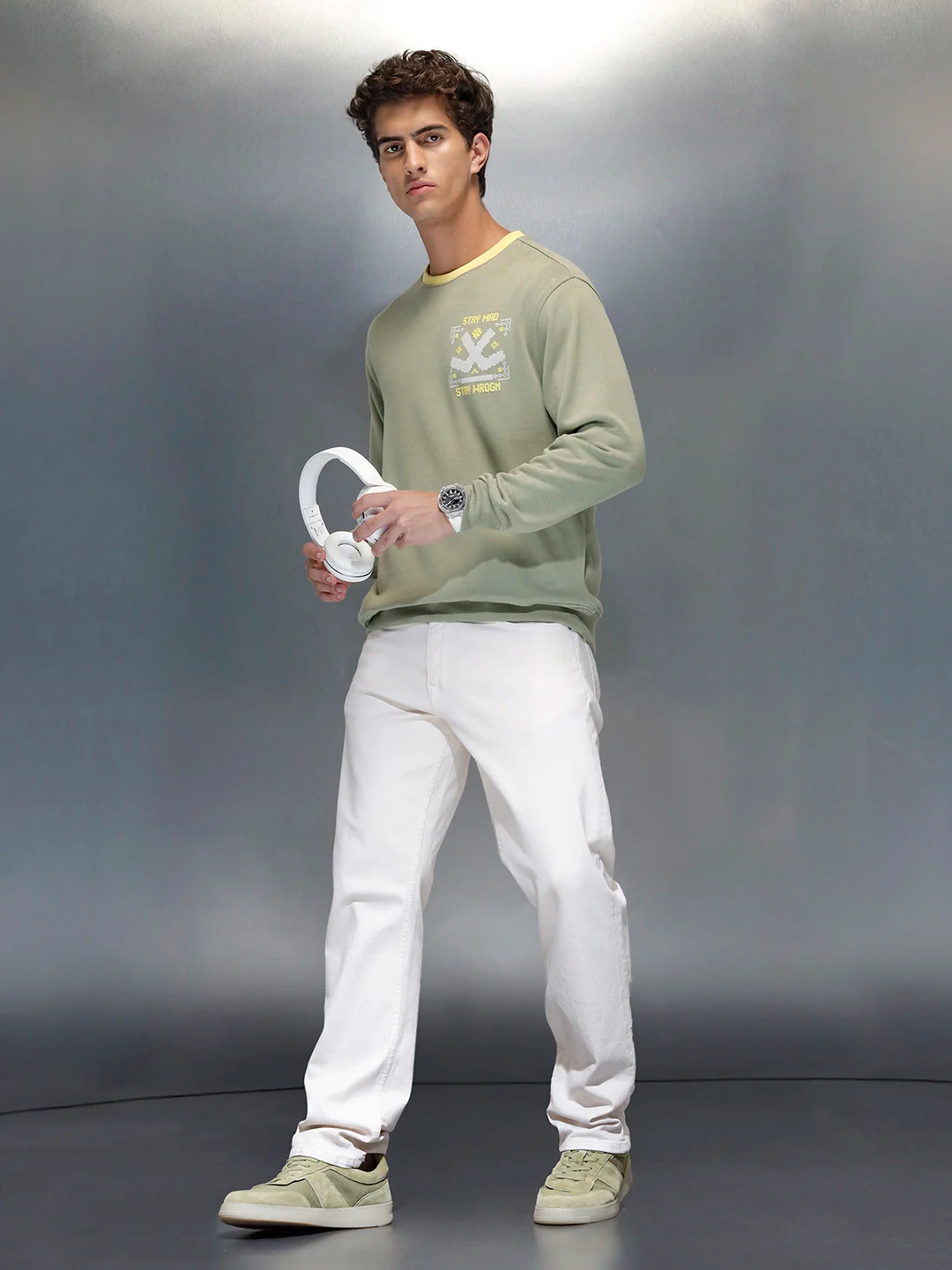 Men's Comfort Fit Wrogn branded Sweatshirt | Light Green - Image 2