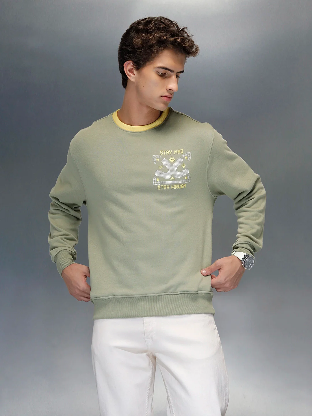 Men's Comfort Fit Wrogn branded Sweatshirt | Light Green - Image 4