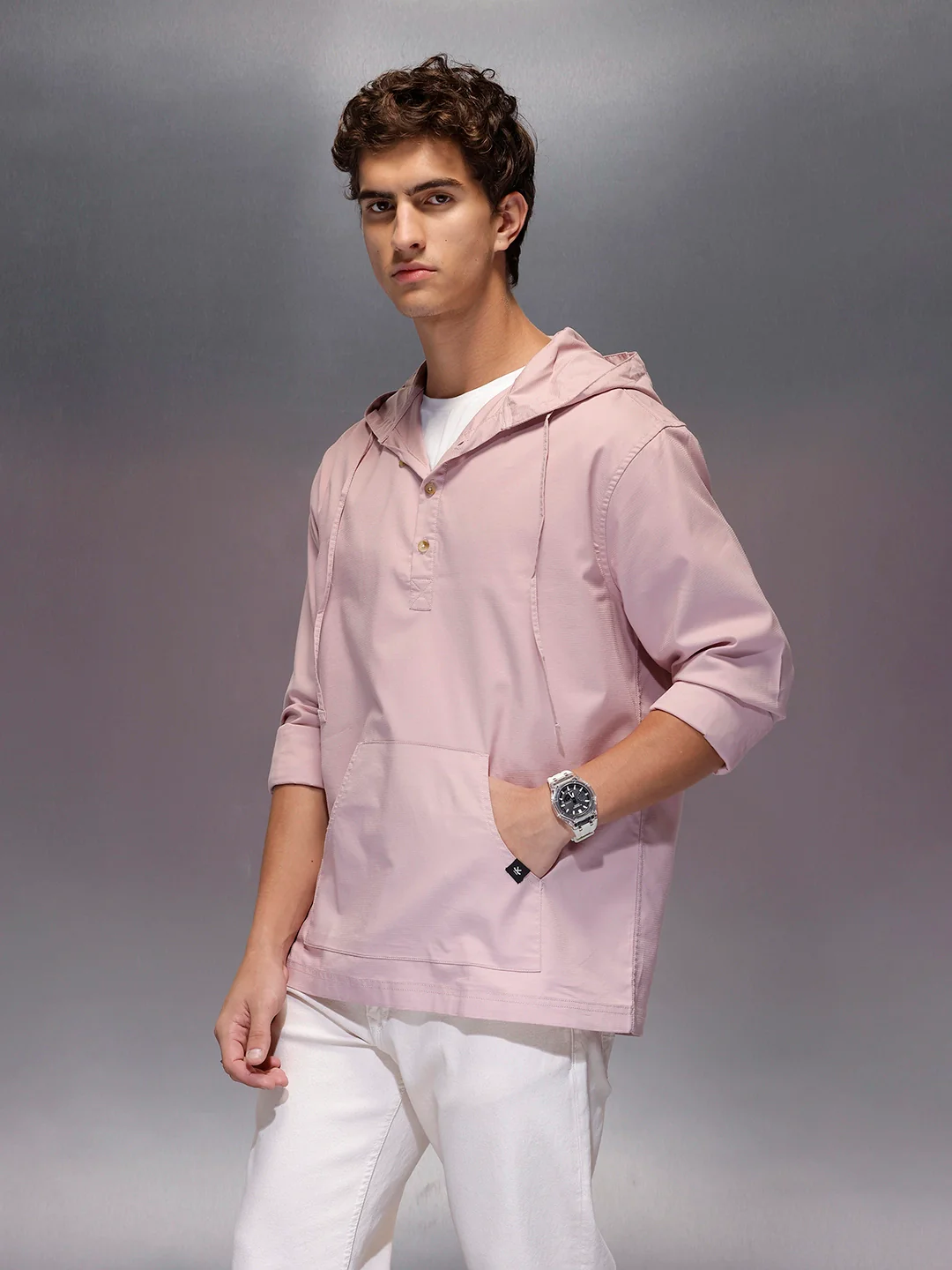 Men's Regular Fit Half Placket Hooded Shirt | Pink - Image 4