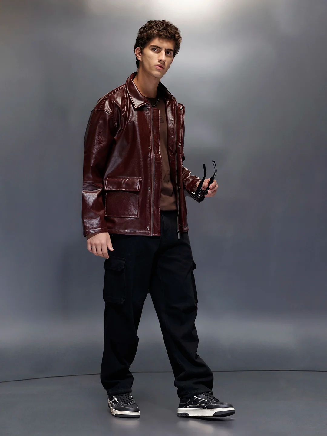 Men's Relaxed Fit Collared Fit PU Jacket | Wine