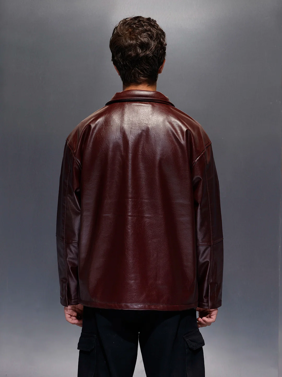 Men's Relaxed Fit Collared Fit PU Jacket | Wine - Image 2