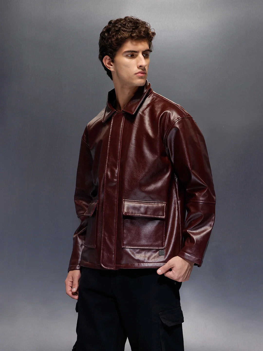 Men's Relaxed Fit Collared Fit PU Jacket | Wine - Image 3
