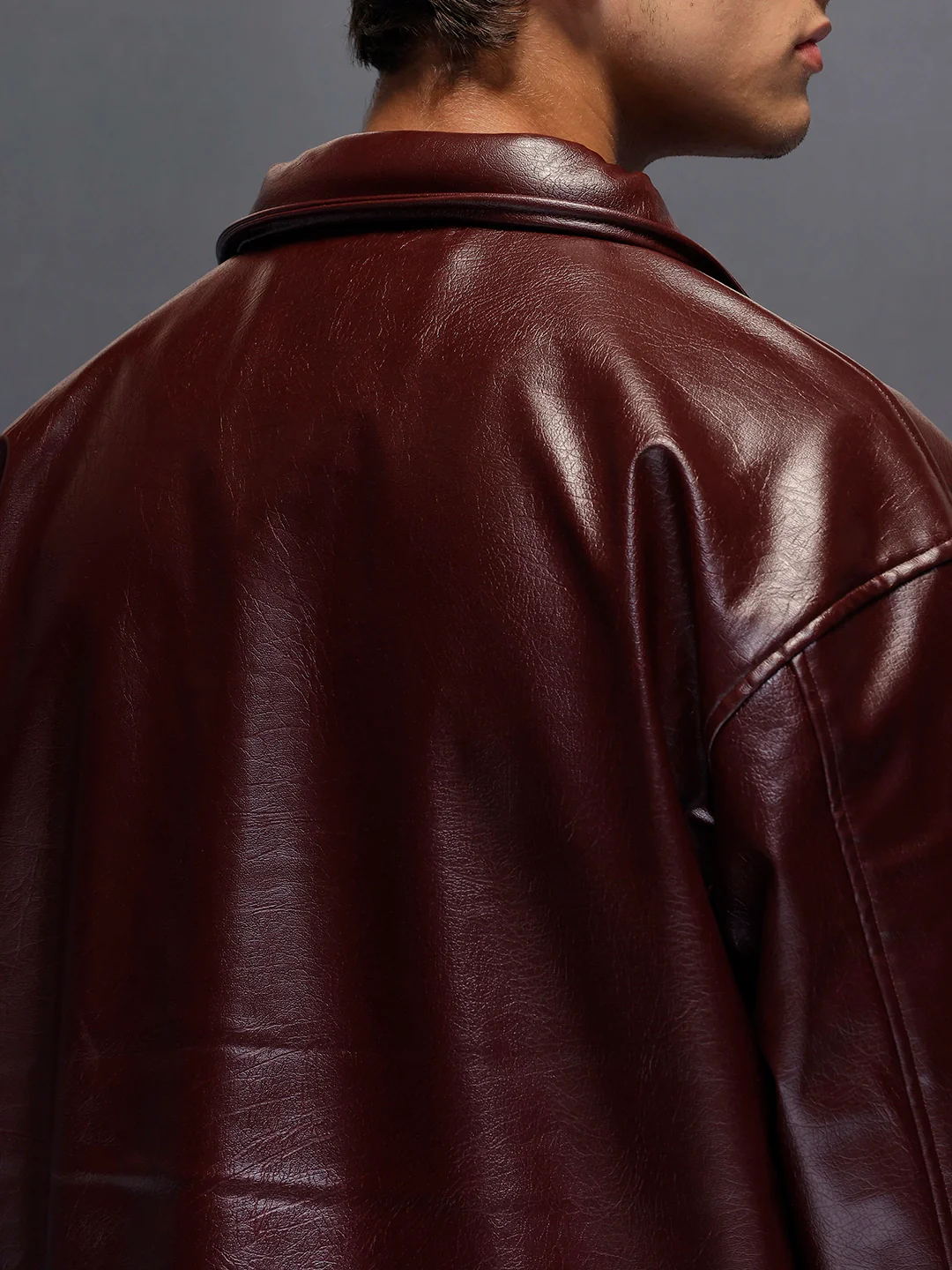 Men's Relaxed Fit Collared Fit PU Jacket | Wine - Image 4