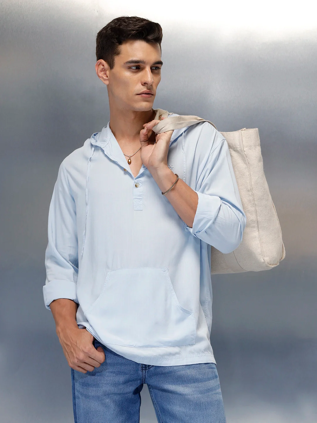 Men's slim fit casual hooded shirt | Blue