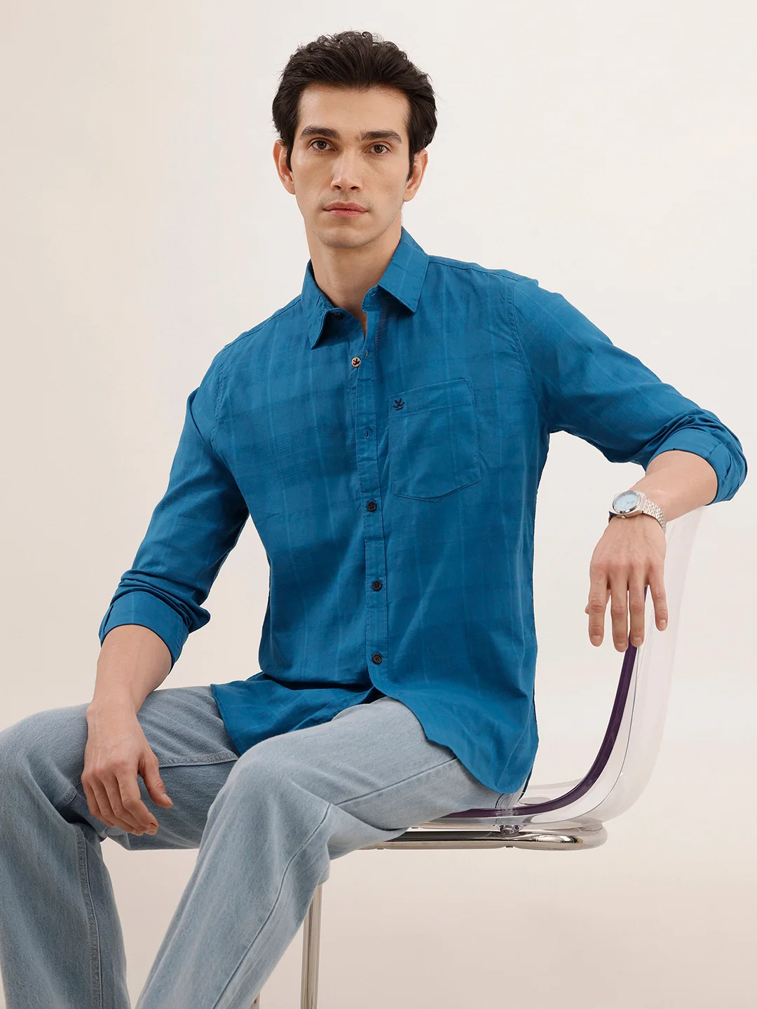 Men's slim fit casual shirt with checked weave pattern | Blue