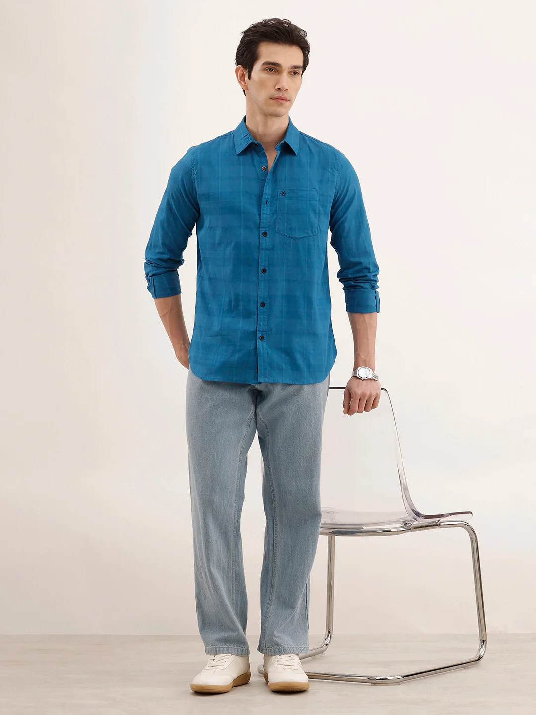 Men's slim fit casual shirt with checked weave pattern | Blue - Image 2